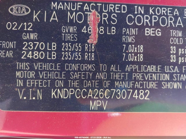 45760498 :رقم المزاد ، KNDPCCA26C7307482 vin ، 2012 Kia Sportage Ex مزاد بيع