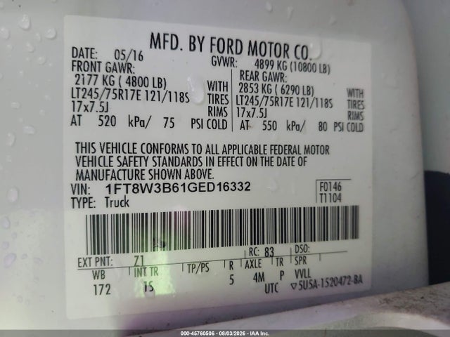 Продажа на аукционе авто 2016 Ford F-350 Xl, vin: 1FT8W3B61GED16332, номер лота: 45760506