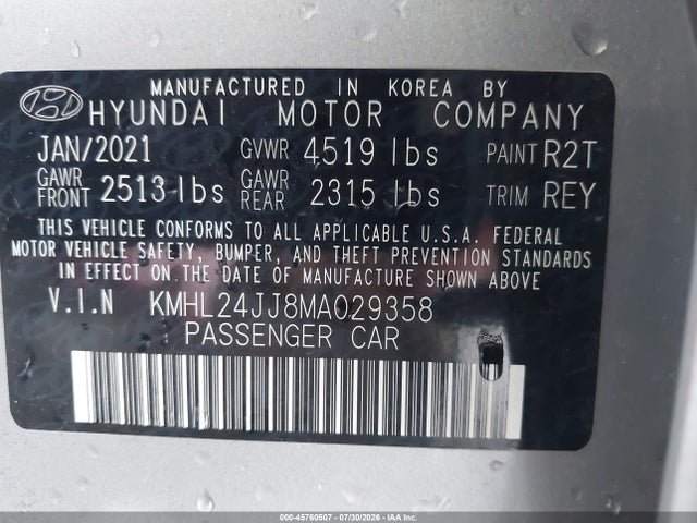 Aukcja sprzedaży 2021 Hyundai Sonata Blue, vin: KMHL24JJ8MA029358, numer aukcji: 45760507