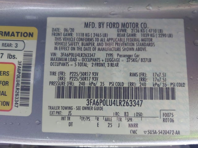 Продажа на аукционе авто 2020 Ford Fusion Hybrid Se, vin: 3FA6P0LU4LR263347, номер лота: 45760511
