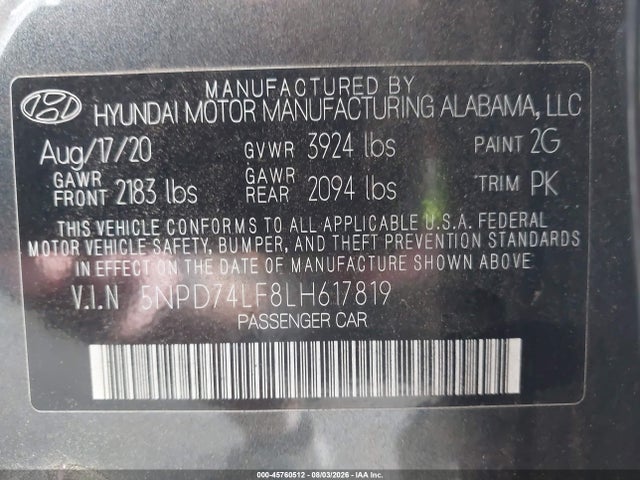 Продажа на аукционе авто 2020 Hyundai Elantra Se, vin: 5NPD74LF8LH617819, номер лота: 45760512