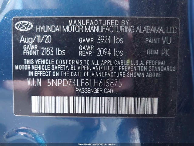 Продажа на аукционе авто 2020 Hyundai Elantra Se, vin: 5NPD74LF8LH615875, номер лота: 45760513