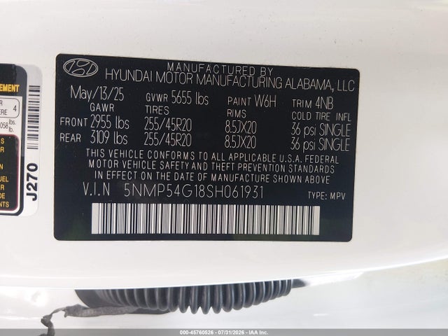 Aukcja sprzedaży 2025 Hyundai Santa Fe Hybrid Calligraphy, vin: 5NMP54G18SH061931, numer aukcji: 45760526