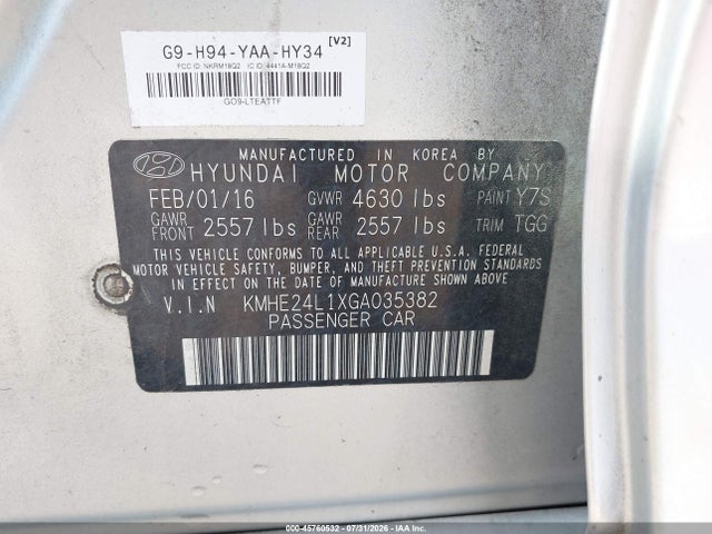Aukcja sprzedaży 2016 Hyundai Sonata Hybrid Se, vin: KMHE24L1XGA035382, numer aukcji: 45760532