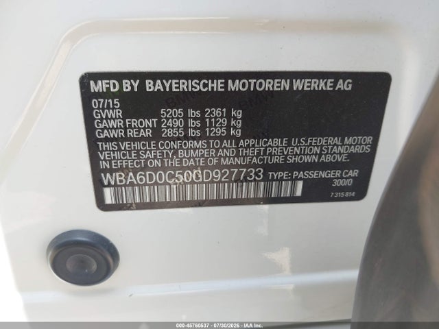 45760537 :رقم المزاد ، WBA6D0C50GD927733 vin ، 2016 Bmw 640i Gran Coupe مزاد بيع