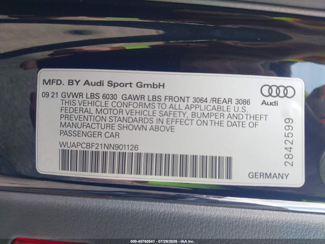 WUAPCBF21NN901126 Audi Rs 7 Sportback Tfsi Quattro Tiptronic