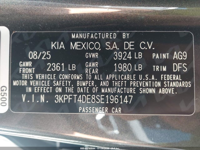 Продажа на аукционе авто 2025 Kia K4 Lxs, vin: 3KPFT4DE8SE196147, номер лота: 45760544