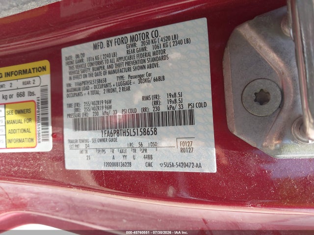 Ford Mustang Ecoboost Fastback 2020 1FA6P8TH5L5158658 Image 9