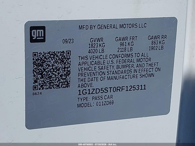 Продажа на аукционе авто 2024 Chevrolet Malibu Fwd 1lt, vin: 1G1ZD5ST0RF125311, номер лота: 45760553