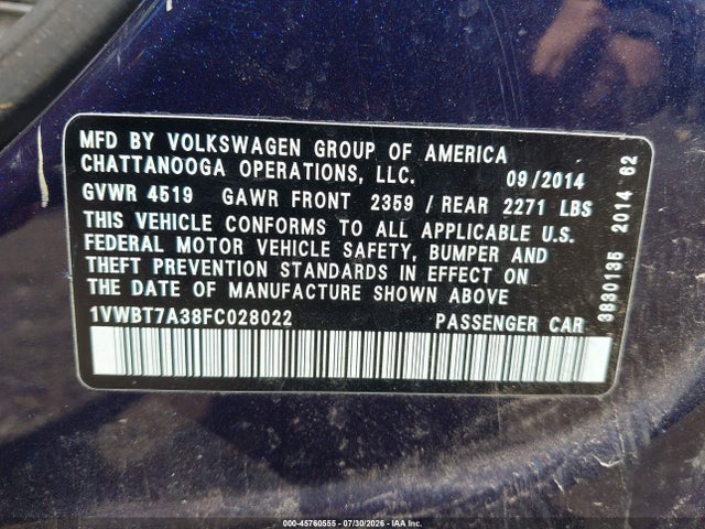 Продаж на аукціоні авто 2015 Volkswagen Passat 1.8t Se, vin: 1VWBT7A38FC028022, номер лоту: 45760555