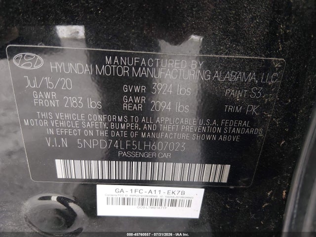 Aukcja sprzedaży 2020 Hyundai Elantra Se, vin: 5NPD74LF5LH607023, numer aukcji: 45760557