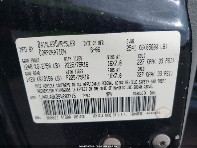 Продаж на аукціоні авто 2006 Jeep Liberty Sport, vin: 1J4GL48K26W283715, номер лоту: 45760558