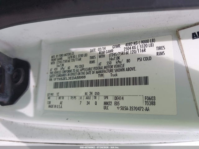 Aukcja sprzedaży 2014 Ford E-250 Commercial, vin: 1FTNS2EL3EDA58988, numer aukcji: 45760562