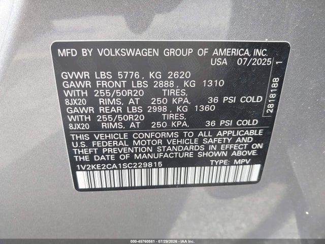 Продаж на аукціоні авто 2025 Volkswagen Atlas Cross Sport 2.0t Se W/technology, vin: 1V2KE2CA1SC229815, номер лоту: 45760581