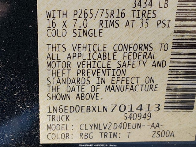 Nissan Frontier Pro-4x 4x4 2020 1N6ED0EBXLN701413 Image 9