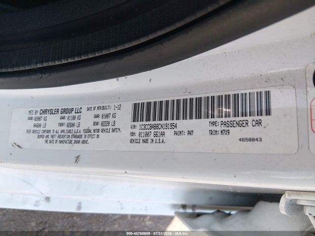 45760609 :رقم المزاد ، 1C3CCBAB8CN191954 vin ، 2012 Chrysler 200 Lx مزاد بيع