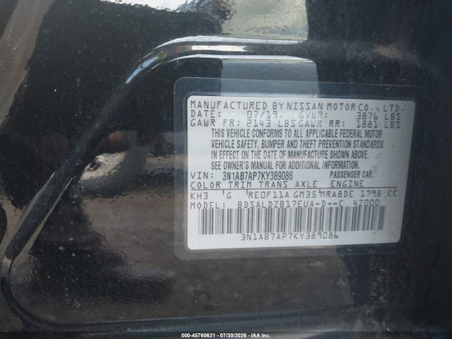 Auction sale of the 2019 Nissan Sentra Sv, vin: 3N1AB7AP7KY389086, lot number: 45760621