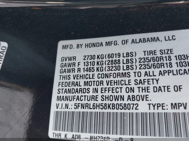 Honda ODYSSEY EX 2019 5FNRL6H58KB058072 Image 9