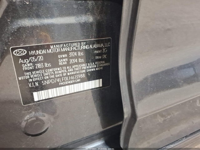 2020 Hyundai Elantra Se მანქანა იყიდება აუქციონზე, vin: 5NPD74LF0LH613988, აუქციონის ნომერი: 45760631