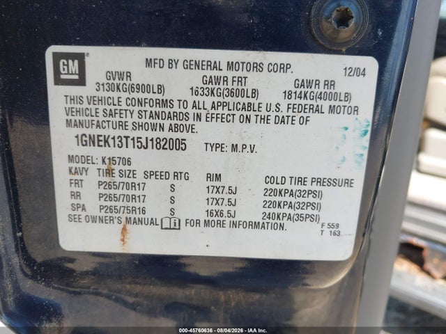45760636 :رقم المزاد ، 1GNEK13T15J182005 vin ، 2005 Chevrolet Tahoe Lt مزاد بيع
