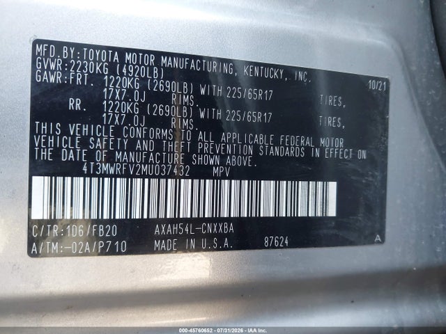 4T3MWRFV2MU037432 Toyota Rav4 Hybrid Le