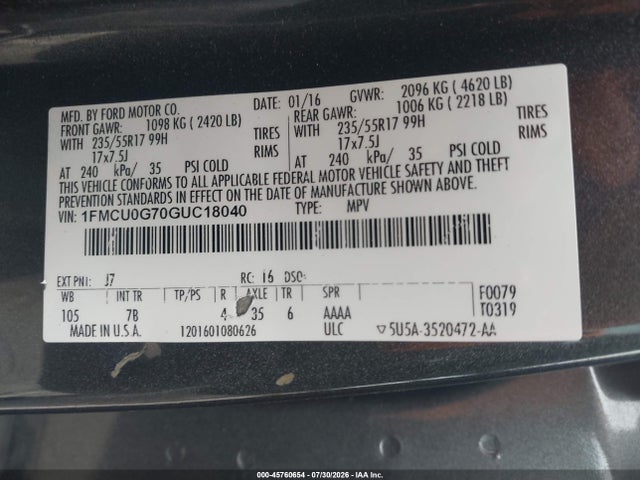 Ford ESCAPE SE 2016 1FMCU0G70GUC18040 Image 9
