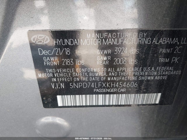 Aukcja sprzedaży 2019 Hyundai Elantra Se, vin: 5NPD74LFXKH454606, numer aukcji: 45760663