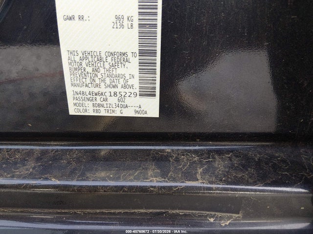 2019 Nissan Altima 2.5 Sl მანქანა იყიდება აუქციონზე, vin: 1N4BL4EW6KC185229, აუქციონის ნომერი: 45760672