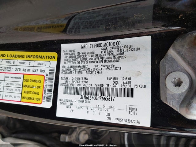 Продаж на аукціоні авто 2017 Lincoln Mkz Reserve, vin: 3LN6L5FC0HR665617, номер лоту: 45760675