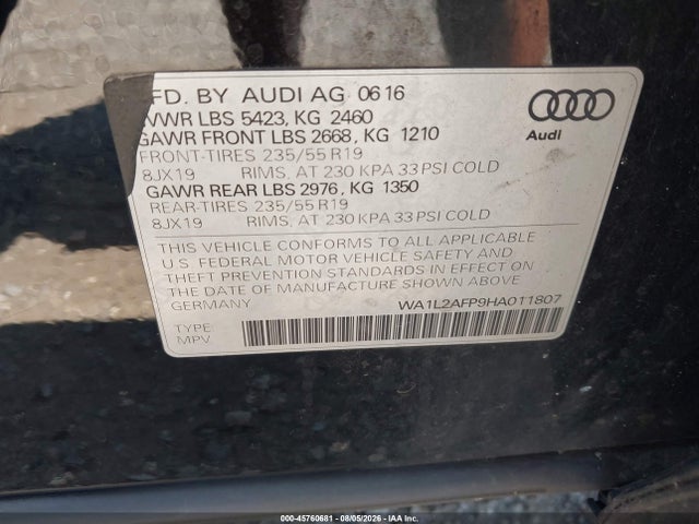 Продажа на аукционе авто 2017 Audi Q5 2.0t Premium, vin: WA1L2AFP9HA011807, номер лота: 45760681