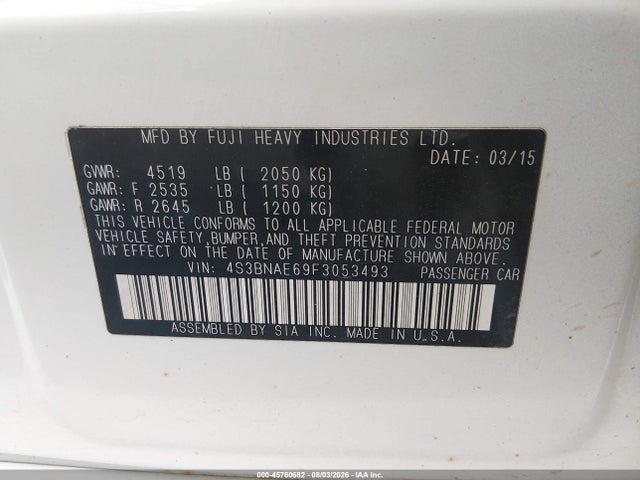 Продажа на аукционе авто 2015 Subaru Legacy 2.5i Premium, vin: 4S3BNAE69F3053493, номер лота: 45760682