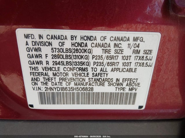 45760684 :رقم المزاد ، 2HNYD18635H506828 vin ، 2005 Acura Mdx مزاد بيع