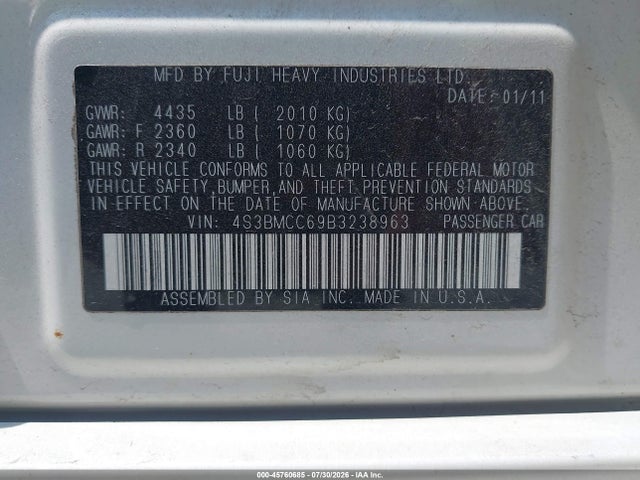 45760685 :رقم المزاد ، 4S3BMCC69B3238963 vin ، 2011 Subaru Legacy 2.5i Premium مزاد بيع