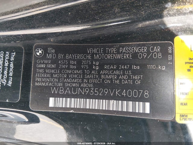 2009 Bmw 135i მანქანა იყიდება აუქციონზე, vin: WBAUN93529VK40078, აუქციონის ნომერი: 45760692