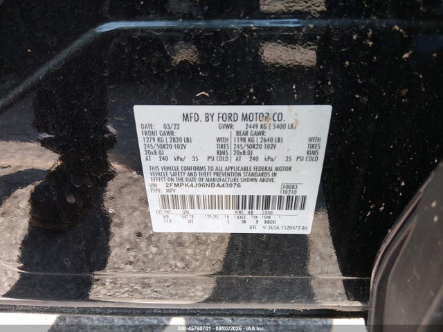 45760701 :رقم المزاد ، 2FMPK4J96NBA43076 vin ، 2022 Ford Edge St-line مزاد بيع