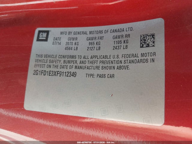 Chevrolet Camaro 1lt 2015 2G1FD1E3XF9112349 Image 9