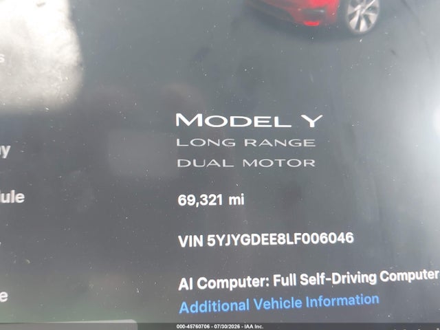 Продаж на аукціоні авто 2020 Tesla Model Y Long Range Dual Motor All-wheel Drive, vin: 5YJYGDEE8LF006046, номер лоту: 45760706