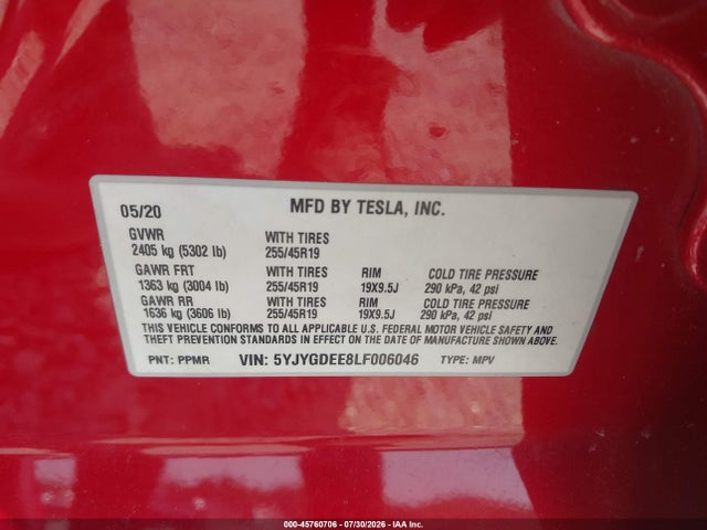 Продаж на аукціоні авто 2020 Tesla Model Y Long Range Dual Motor All-wheel Drive, vin: 5YJYGDEE8LF006046, номер лоту: 45760706