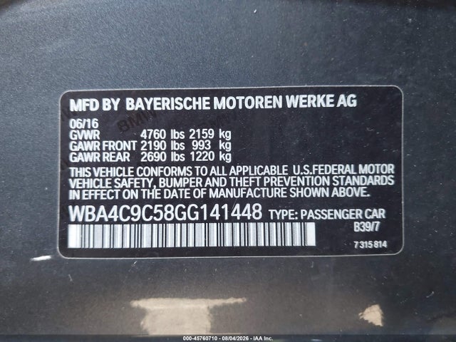 Aukcja sprzedaży 2016 Bmw 428i Gran Coupe Xdrive, vin: WBA4C9C58GG141448, numer aukcji: 45760710