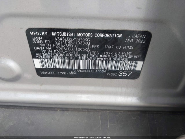 Продаж на аукціоні авто 2023 Mitsubishi Outlander Sport 2.0 Es Awc/2.0 Le Awc/2.0 Ralliart Awc/2.0 S Awc/2.0 Se Awc, vin: JA4ARUAU6PU010564, номер лоту: 45760714