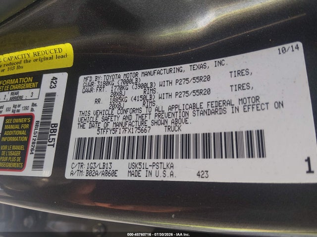 5TFFY5F17FX175667 Toyota Tundra Limited 5.7l V8