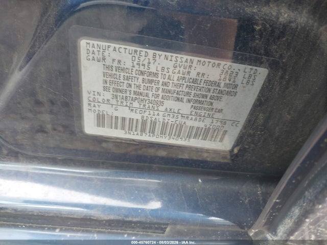 2017 Nissan Sentra Sv მანქანა იყიდება აუქციონზე, vin: 3N1AB7AP0HY340935, აუქციონის ნომერი: 45760724