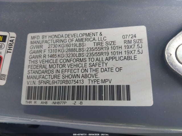 45760731 :رقم المزاد ، 5FNRL6H70RB075413 vin ، 2024 Honda Odyssey Sport مزاد بيع