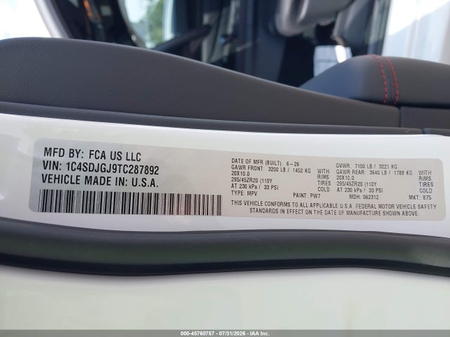 Продажа на аукционе авто 2026 Dodge Durango Rt, vin: 1C4SDJGJ9TC287892, номер лота: 45760757