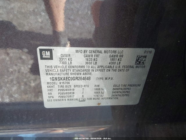 Aukcja sprzedaży 2016 Chevrolet Tahoe Ls, vin: 1GNSKAEC9GR264648, numer aukcji: 45760768