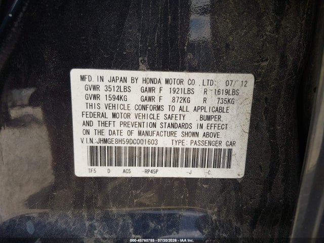 Продаж на аукціоні авто 2013 Honda Fit Sport, vin: JHMGE8H59DC001603, номер лоту: 45760785