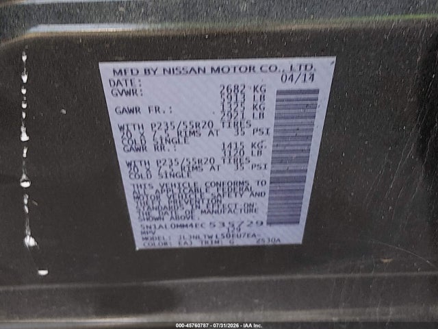 45760787 :رقم المزاد ، 5N1AL0MM4EC535729 vin ، 2014 Infiniti Qx60 مزاد بيع