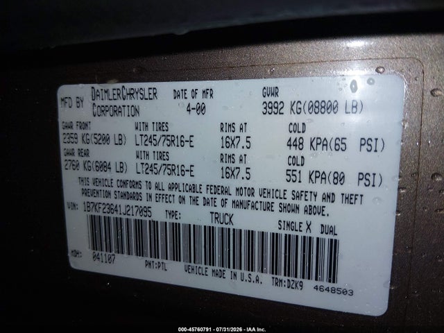 2001 Dodge Ram 2500 St მანქანა იყიდება აუქციონზე, vin: 1B7KF23641J217095, აუქციონის ნომერი: 45760791