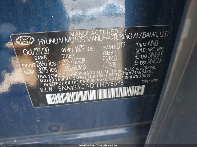 Aukcja sprzedaży 2020 Hyundai Santa Fe Sel, vin: 5NMS3CAD1LH298646, numer aukcji: 45760794