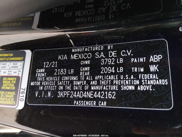 Продаж на аукціоні авто 2022 Kia Forte Lxs, vin: 3KPF24AD4NE442162, номер лоту: 45760805